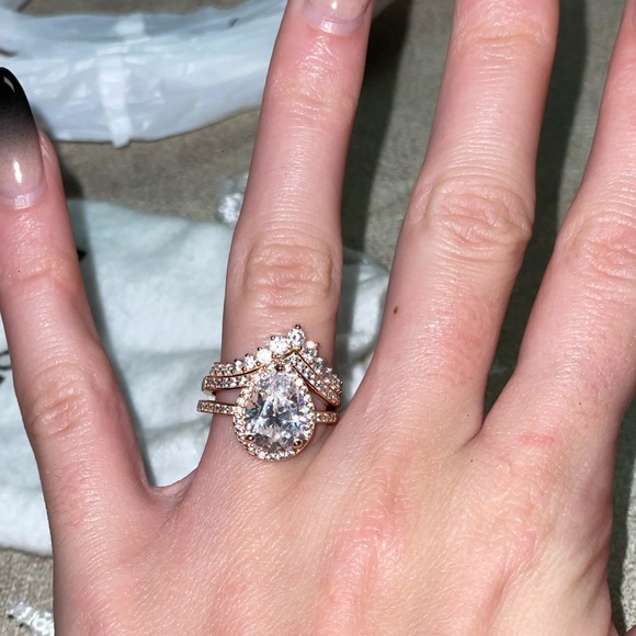 Pandora rose gold tear drop halo ring and and princess wishbone ring stack - Picture 8 of 8